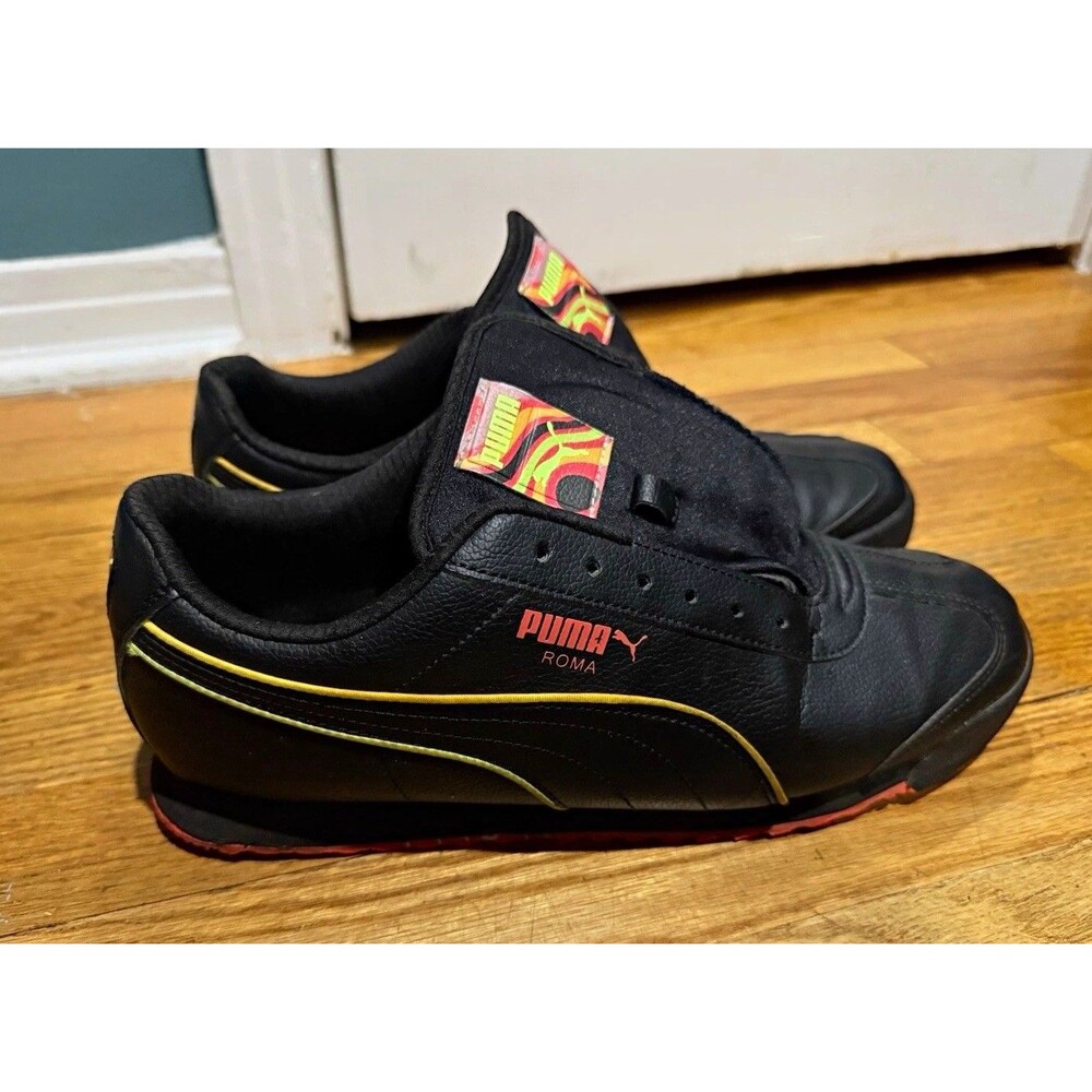 PUMA Roma Men’s Low Top Sneakers Black/Gold Solid Rubber Outsole Size 10.5